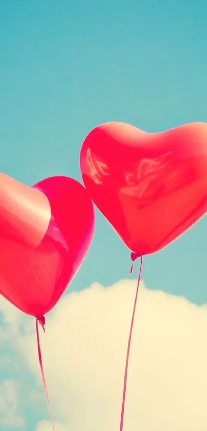 Two red heart balloons float in a blue sky mobile wallpaper.