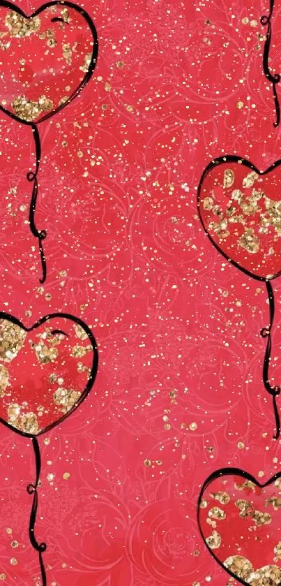 Red heart balloon wallpaper with gold sparkles.