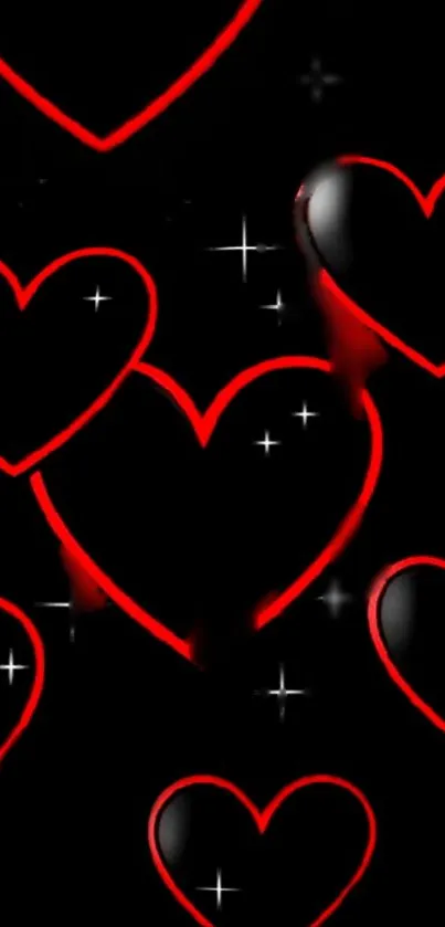 Red hearts on a black background, perfect for phone wallpaper.