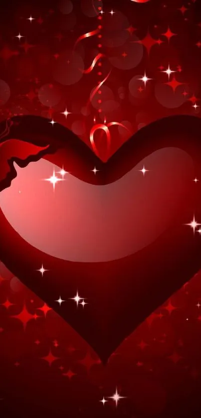 Red heart wallpaper with butterfly and sparkles.