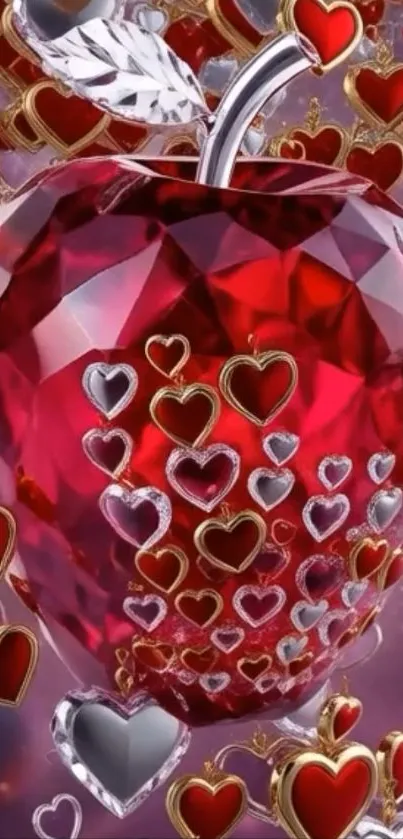 Red crystal apple with heart patterns wallpaper.
