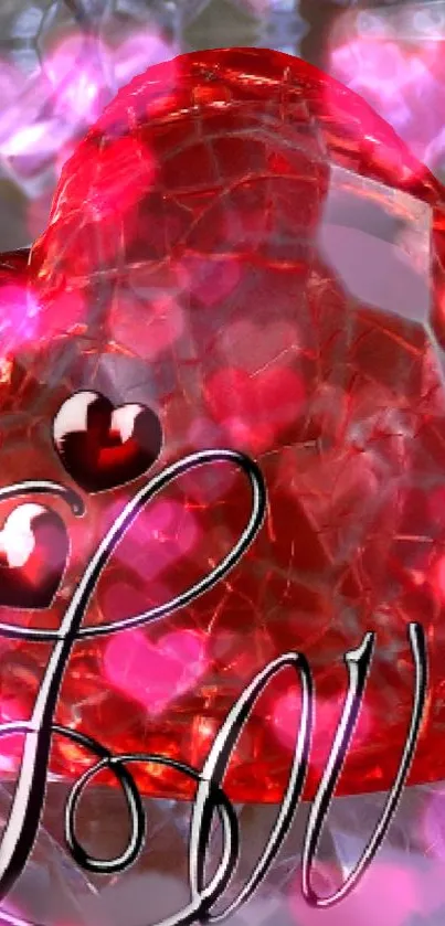 Red heart crystal on shattered glass background.