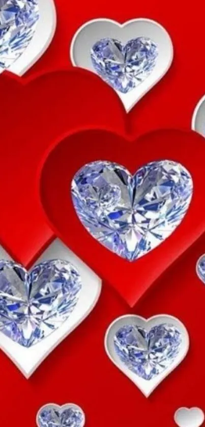 Red background with diamond hearts pattern.