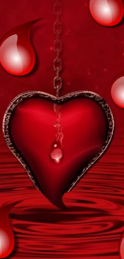 Red heart with water drops mobile wallpaper.