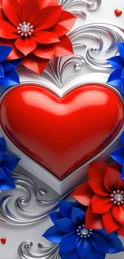 Red heart with blue and red floral decorations.