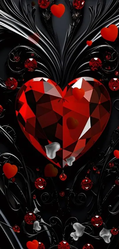 Red gemstone heart with black intricate design wallpaper.