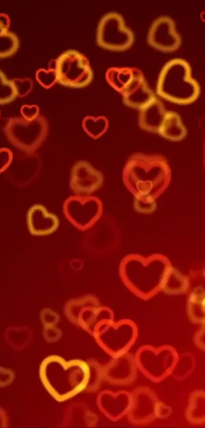 Luminous red wallpaper with glowing heart shapes on a vibrant background.