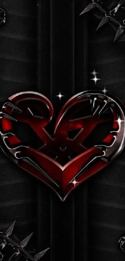 Gothic red heart with metal accents on black background.