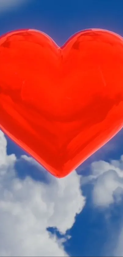 Vivid red heart floating in a blue sky with white clouds.