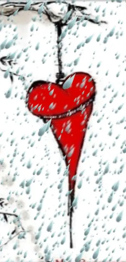 Red heart hanging in the rain, artistic mobile wallpaper.