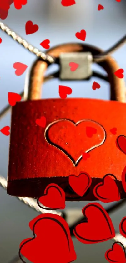 Red heart lock on wire fence, mobile wallpaper.