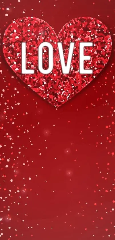 Red heart-shaped love wallpaper with glitter on a vibrant red background.