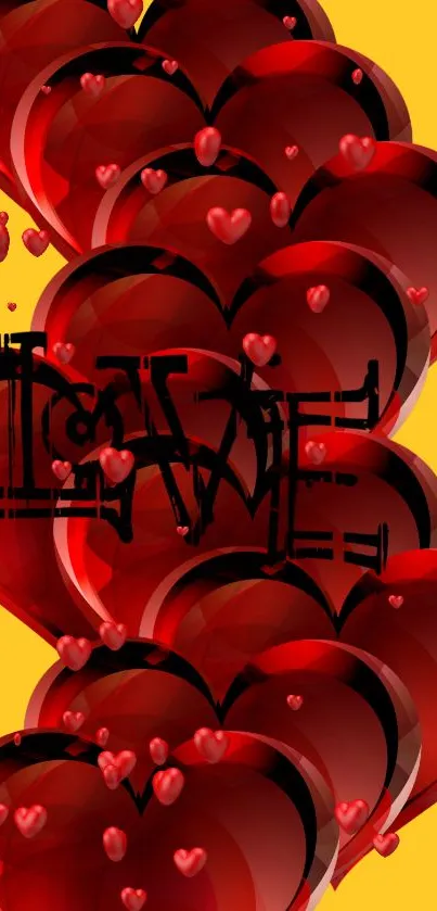 Red hearts and love text on a yellow background wallpaper.