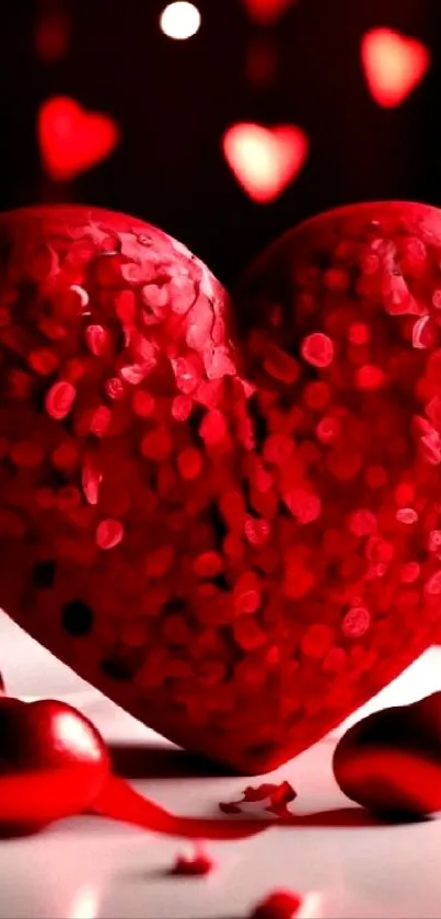 Vibrant red heart-shaped wallpaper with glowing accents and romantic ambiance.