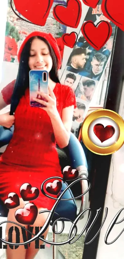 Mirror selfie with red dress and heart decorations.