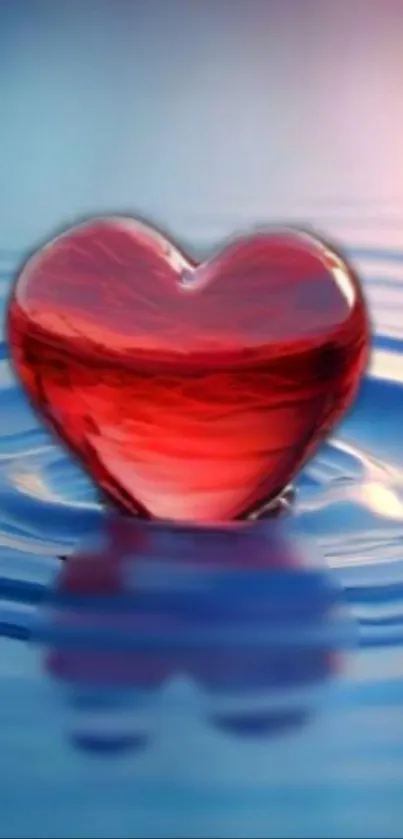Red heart floating on blue water mobile wallpaper.