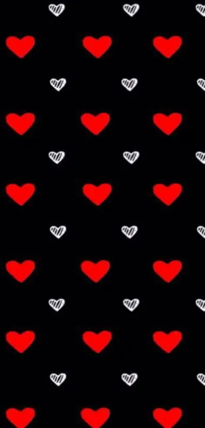 Mobile wallpaper with red and white hearts on a black background.