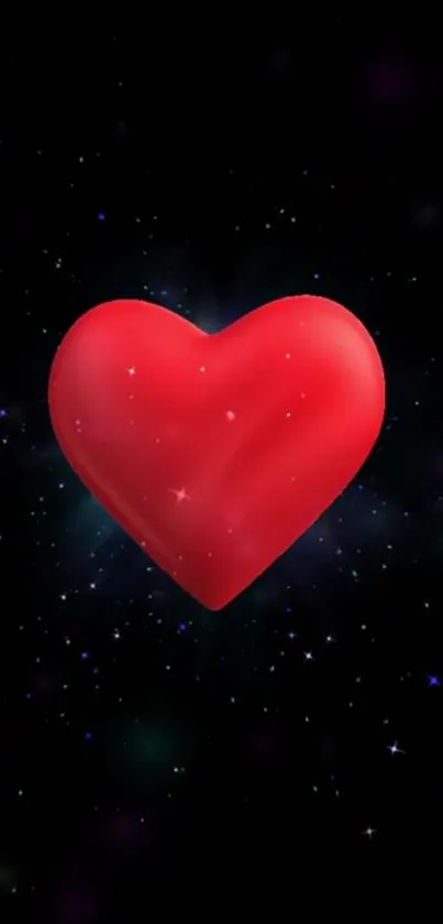 Red heart floats in cosmic starry black background as mobile wallpaper.