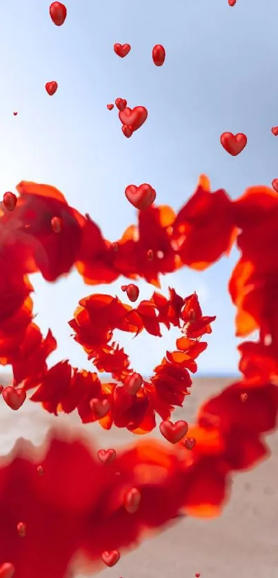 Vibrant red heart-shaped spiral against a clear sky.