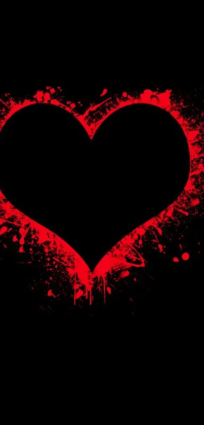 Bold red heart splash on a black background creating an artistic mobile wallpaper.