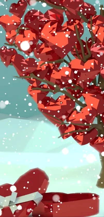 Heart tree with red leaves and snowflakes on a winter day.