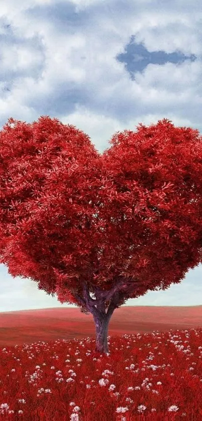 Heart-shaped red tree in vibrant landscape wallpaper.