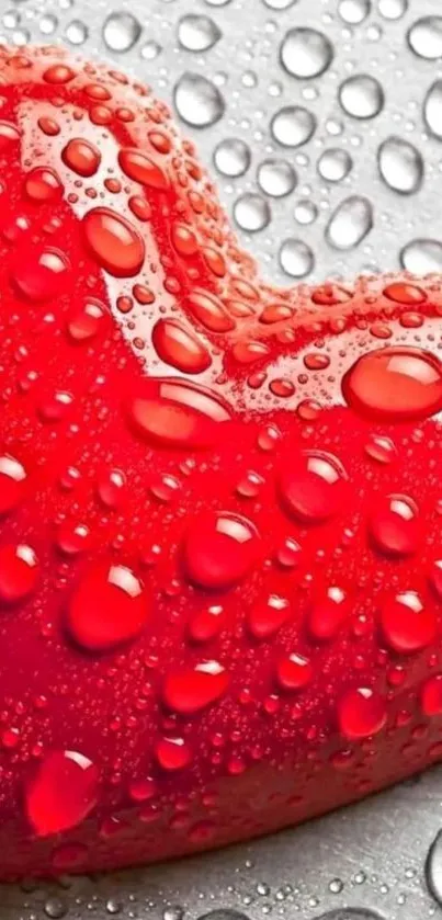 Vibrant red heart with water droplets on gray background.