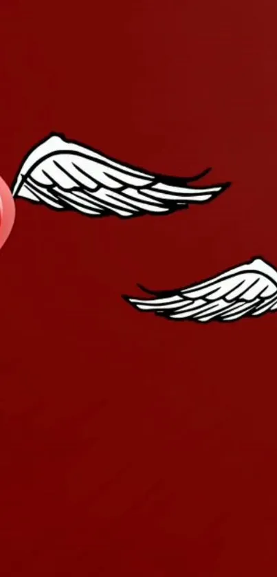 Red background with heart balloons and white wings.