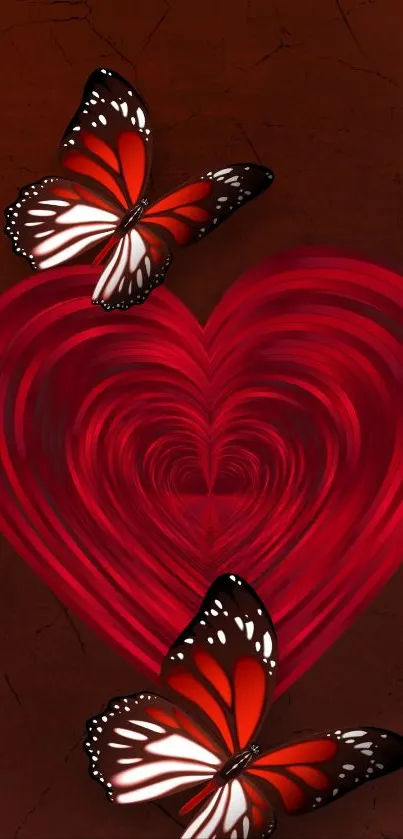 Red heart with butterflies on a dark background.