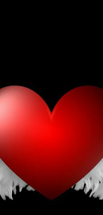 Red heart with white wings on black background wallpaper.