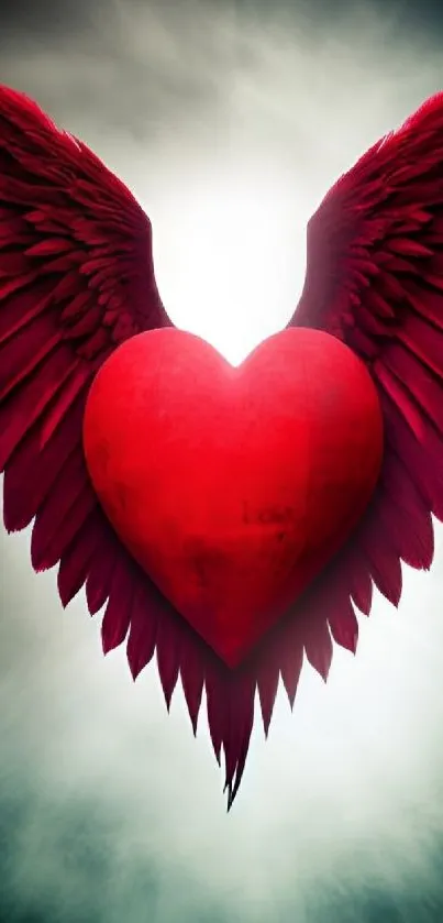 Red winged heart on glowing background wallpaper.