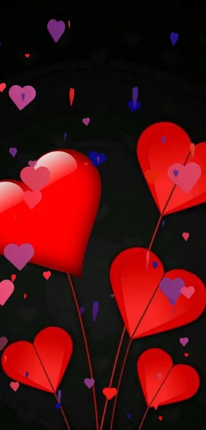 Mobile wallpaper with floating red heart balloons.