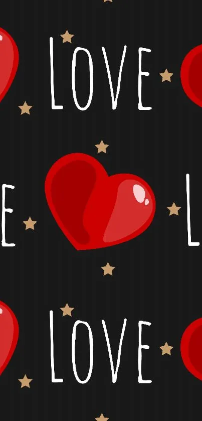 Red hearts and love text on black wallpaper.