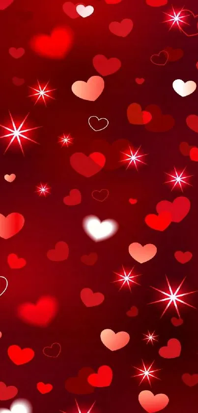 Mobile wallpaper with red hearts and sparkling stars on a dark red background.