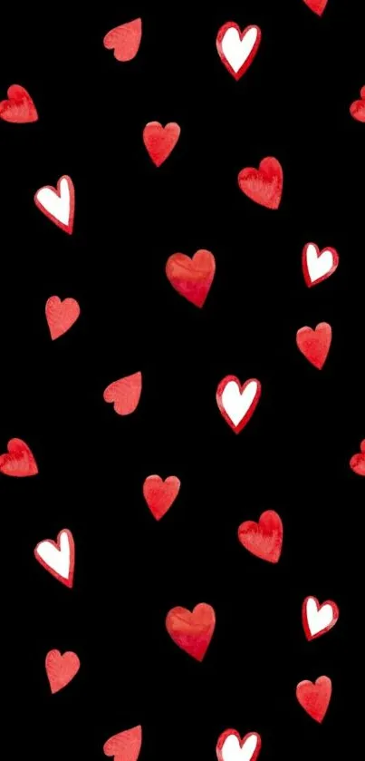 Mobile wallpaper with red hearts on black background.