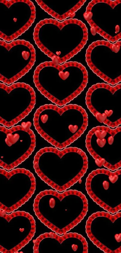 Mobile wallpaper with red hearts on a black background.