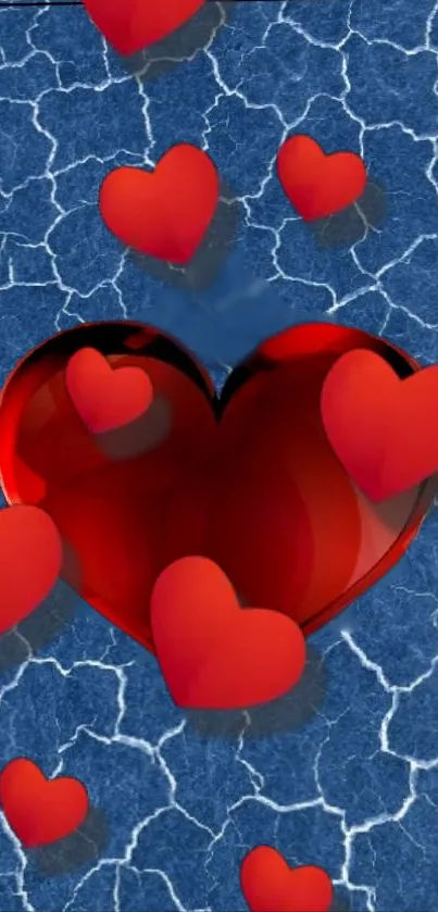 Red hearts on a textured blue background, perfect for romantic themes.