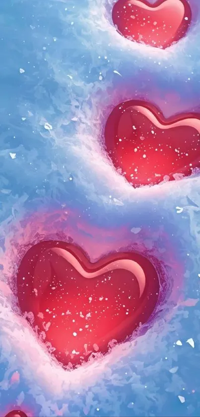 Red hearts embedded in blue icy surface wallpaper.