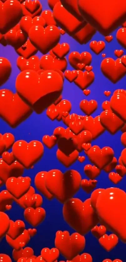 Mobile wallpaper with red hearts on a blue background.