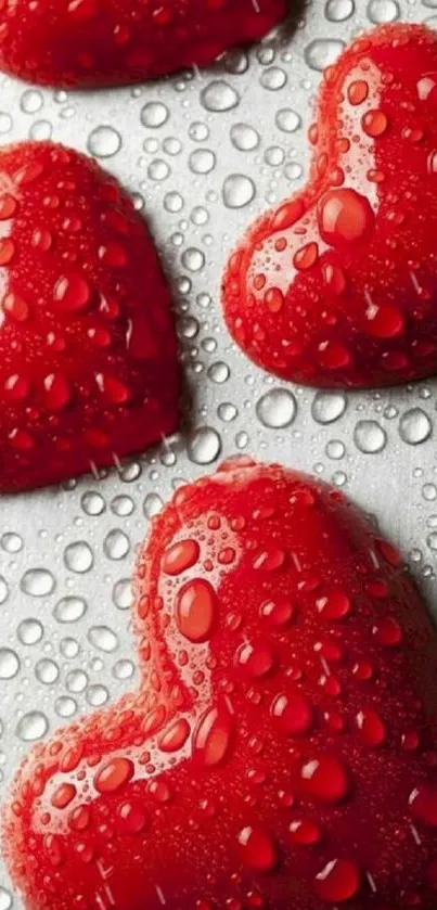 Mobile wallpaper with red hearts and raindrops.