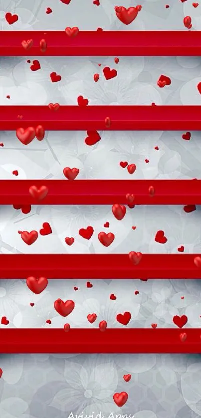 Wallpaper featuring red hearts and 3D shelves on a light geometric background.