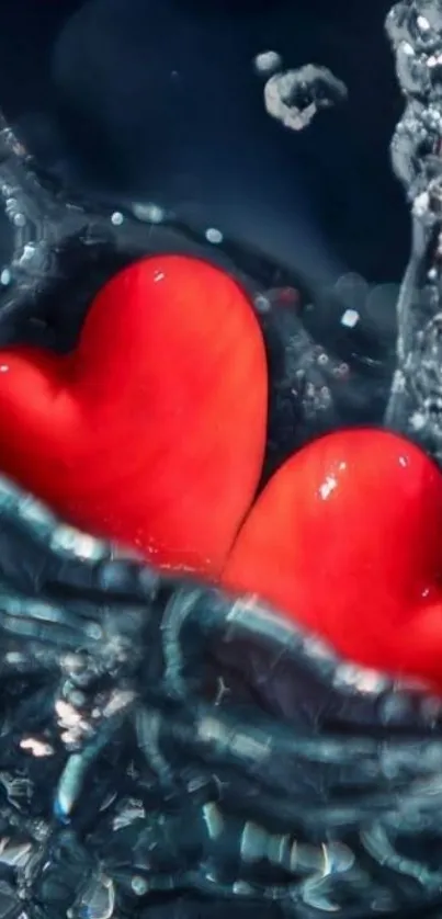 Two red hearts splash in water against a dark blue background.