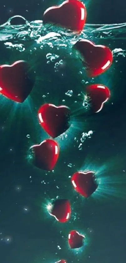 Red hearts submerged underwater with bubbles.