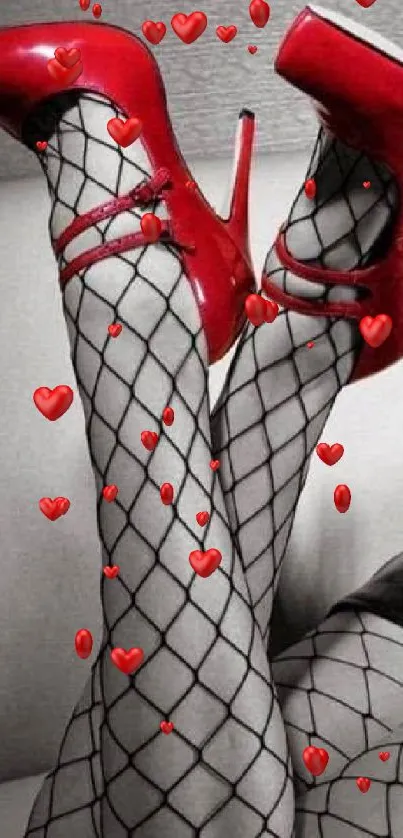 Legs in red heels with fishnet stockings wallpaper.