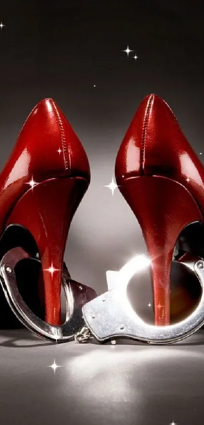 Red high heels paired with handcuffs on a dark backdrop.