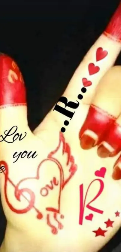 Red henna-inspired love-themed hand design wallpaper.