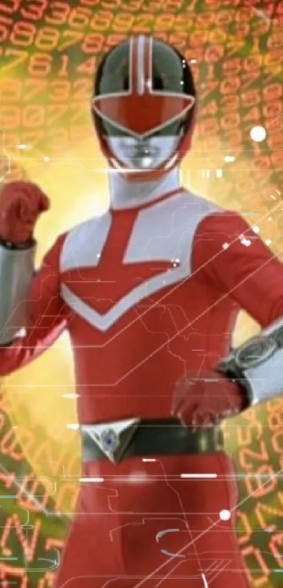 Red-suited hero with a digital code background, vibrant and dynamic wallpaper.