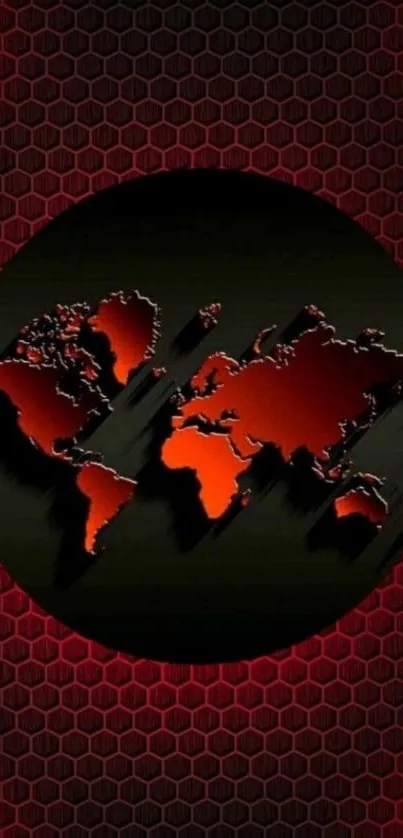 Red hexagonal world map design on mobile wallpaper.