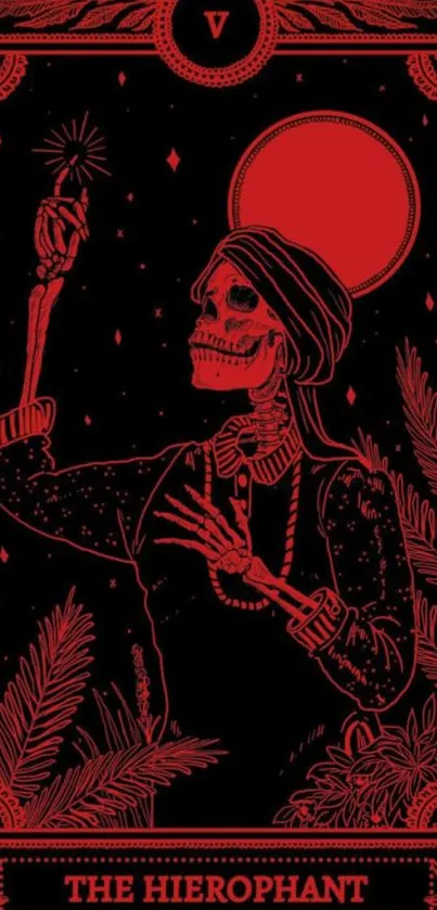 Red Hierophant tarot card with skeleton and mystical elements.