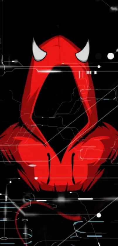 Red hooded figure on a digital black background